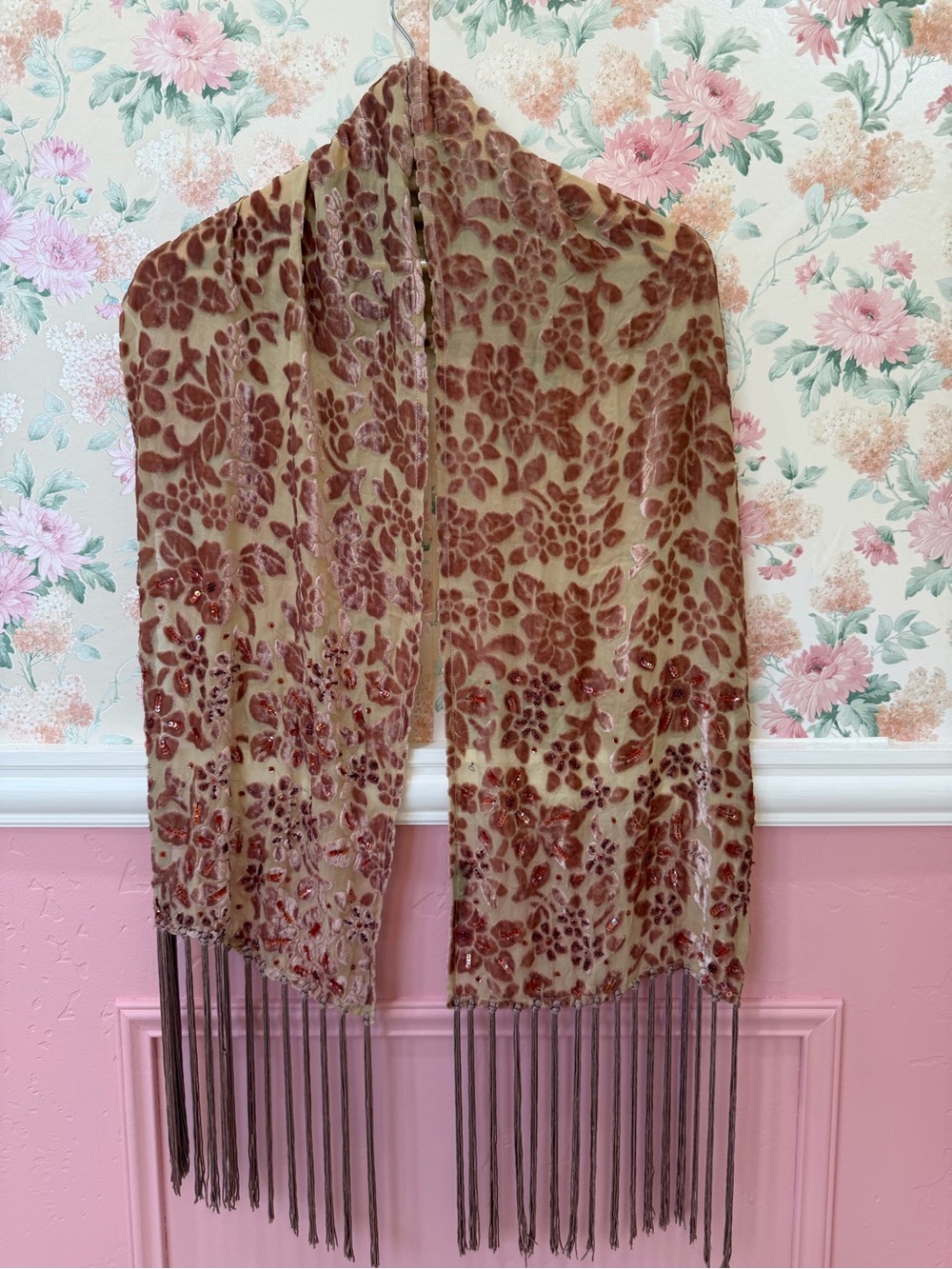 Y2K Velvet Floral Fringe Scarf in Brown and Tan